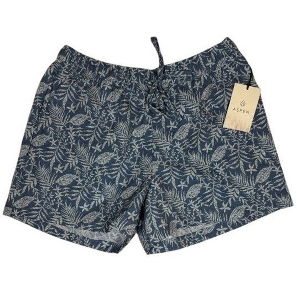 Aspen Women's Blue Tropical Leaf Print Elastic Waist Drawstring Shorts Size S